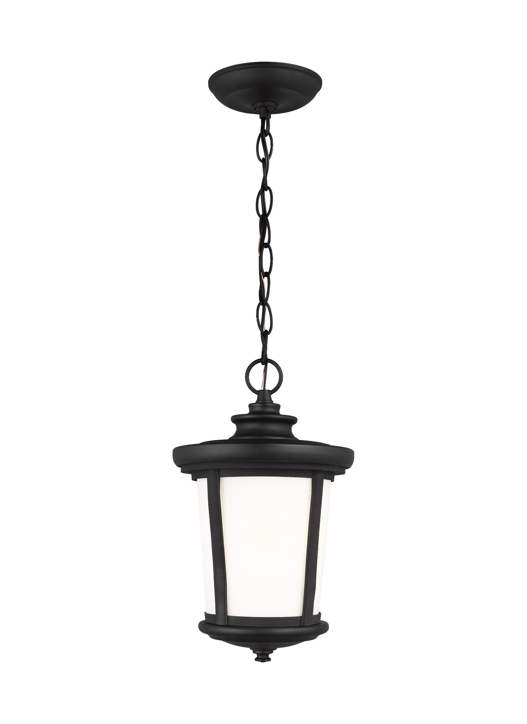 Eddington modern 1-light outdoor exterior ceiling hanging pendant in black finish with cased opal etched glass panel