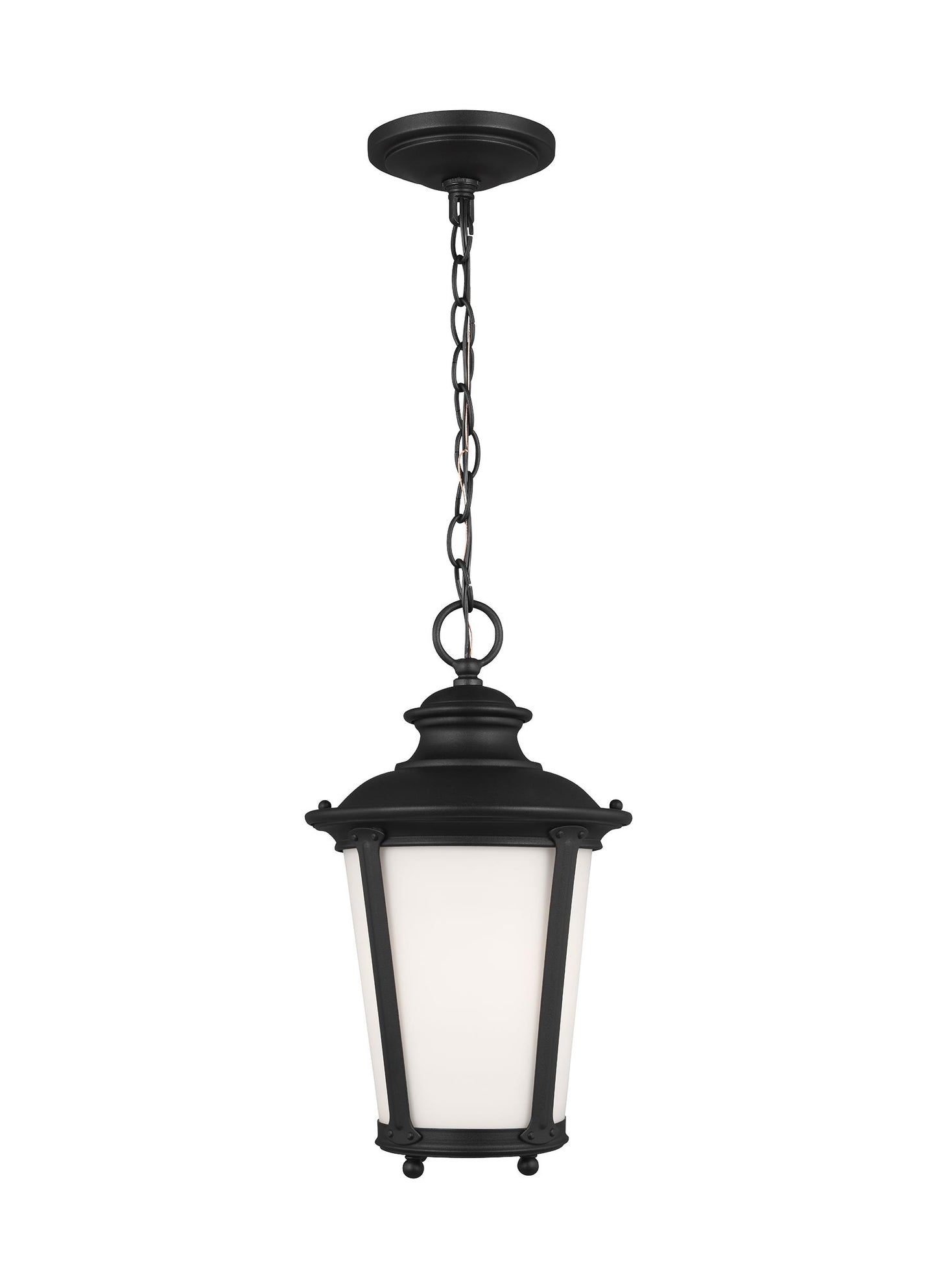 Cape May traditional 1-light outdoor exterior hanging ceiling pendant in black finish with etched white glass shade