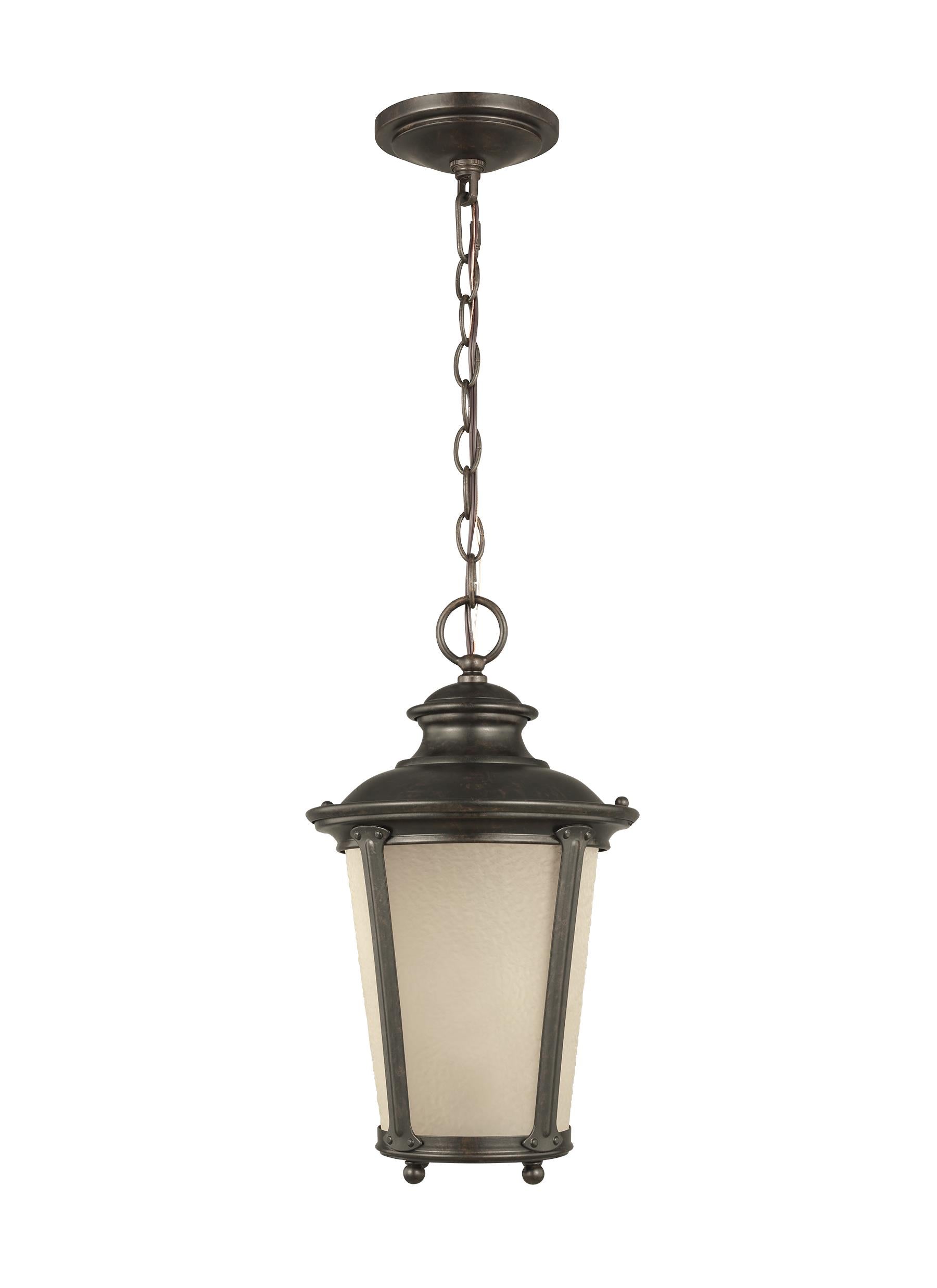 Cape May traditional 1-light outdoor exterior hanging ceiling pendant in burled iron grey finish with etched light amber g...