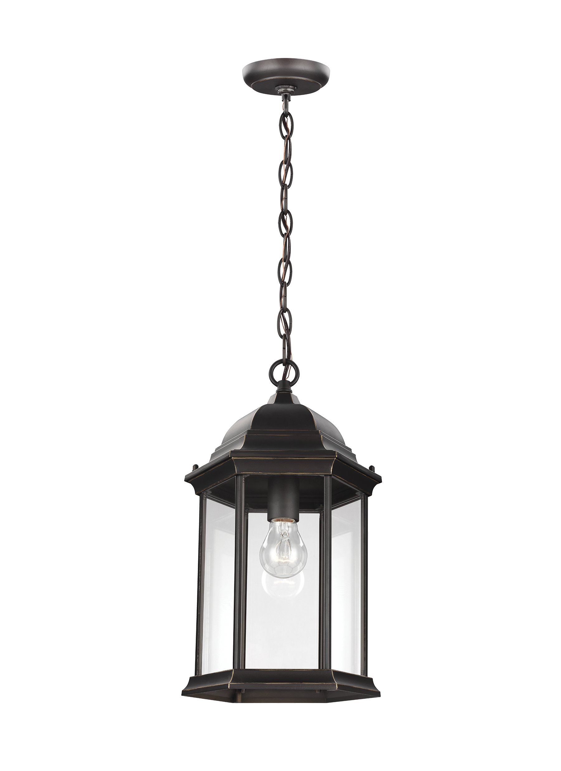 Sevier traditional 1-light outdoor exterior ceiling hanging pendant in antique bronze finish with clear glass panels