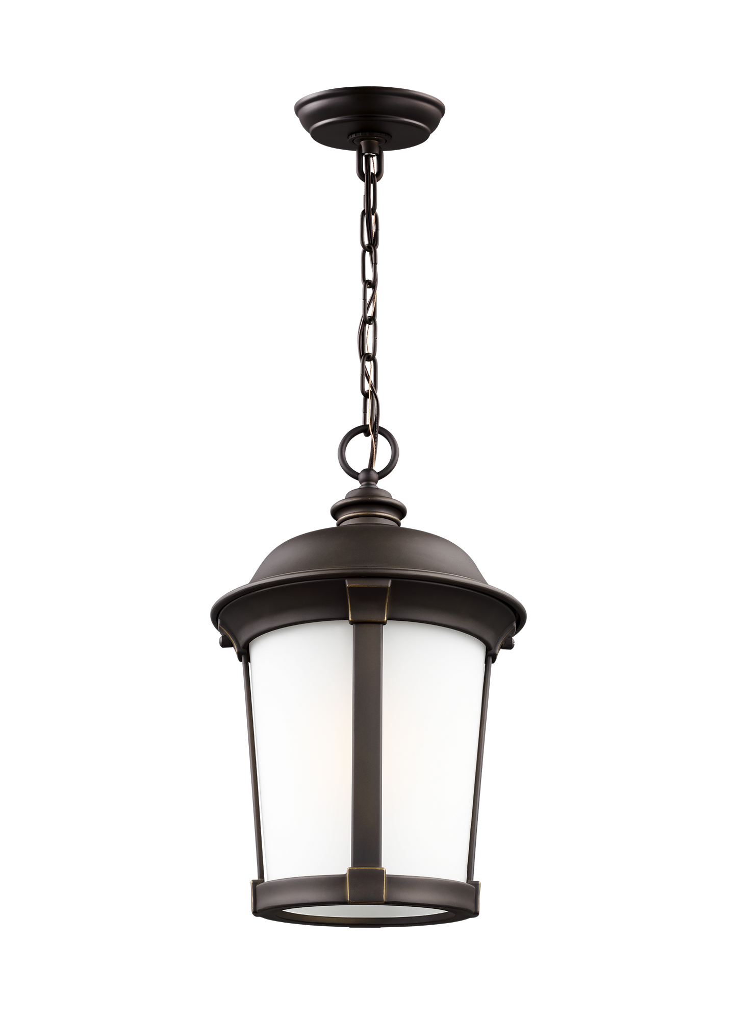 Calder traditional 1-light outdoor exterior ceiling pendant in antique bronze finish with satin etched glass shade