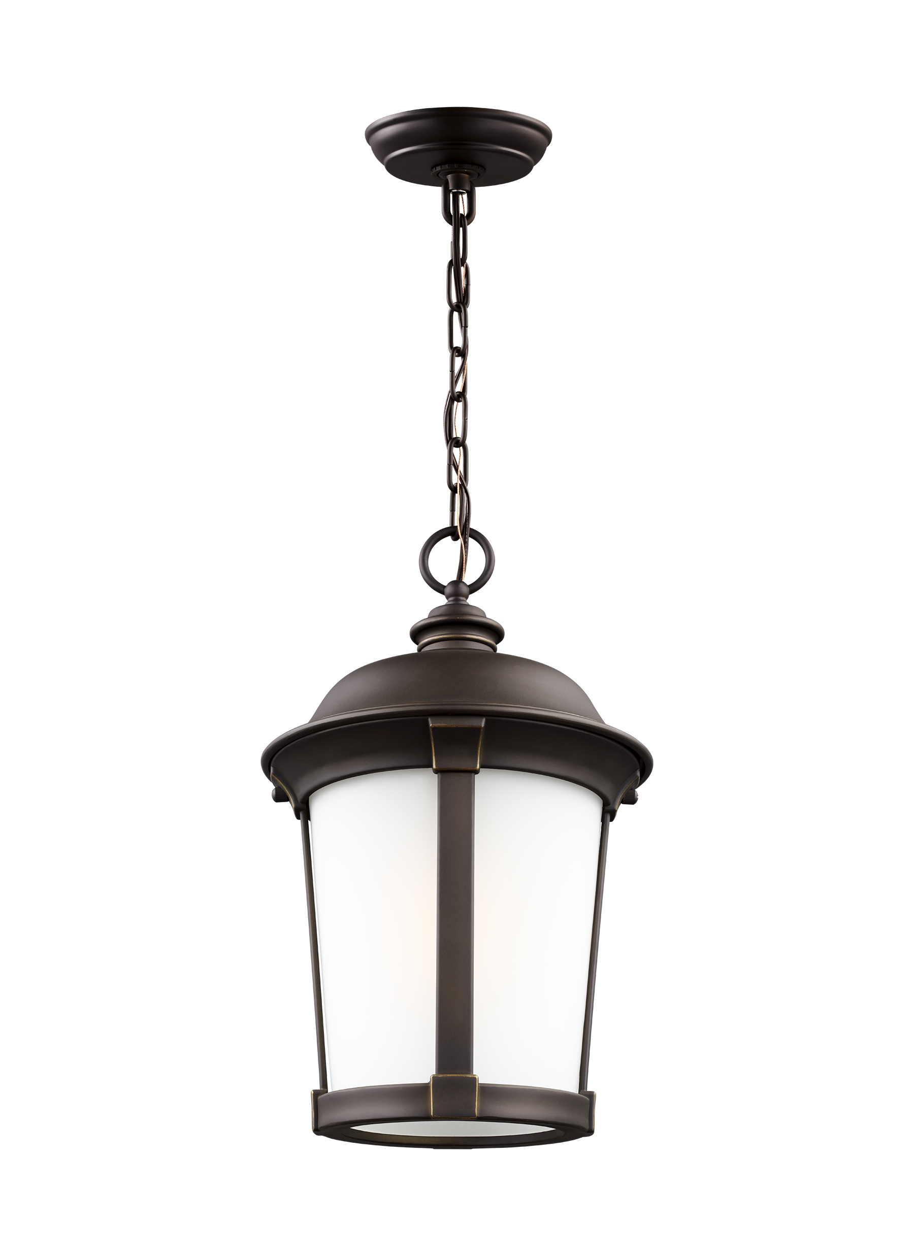 Calder traditional 1-light outdoor exterior ceiling pendant in antique bronze finish with satin etched glass shade