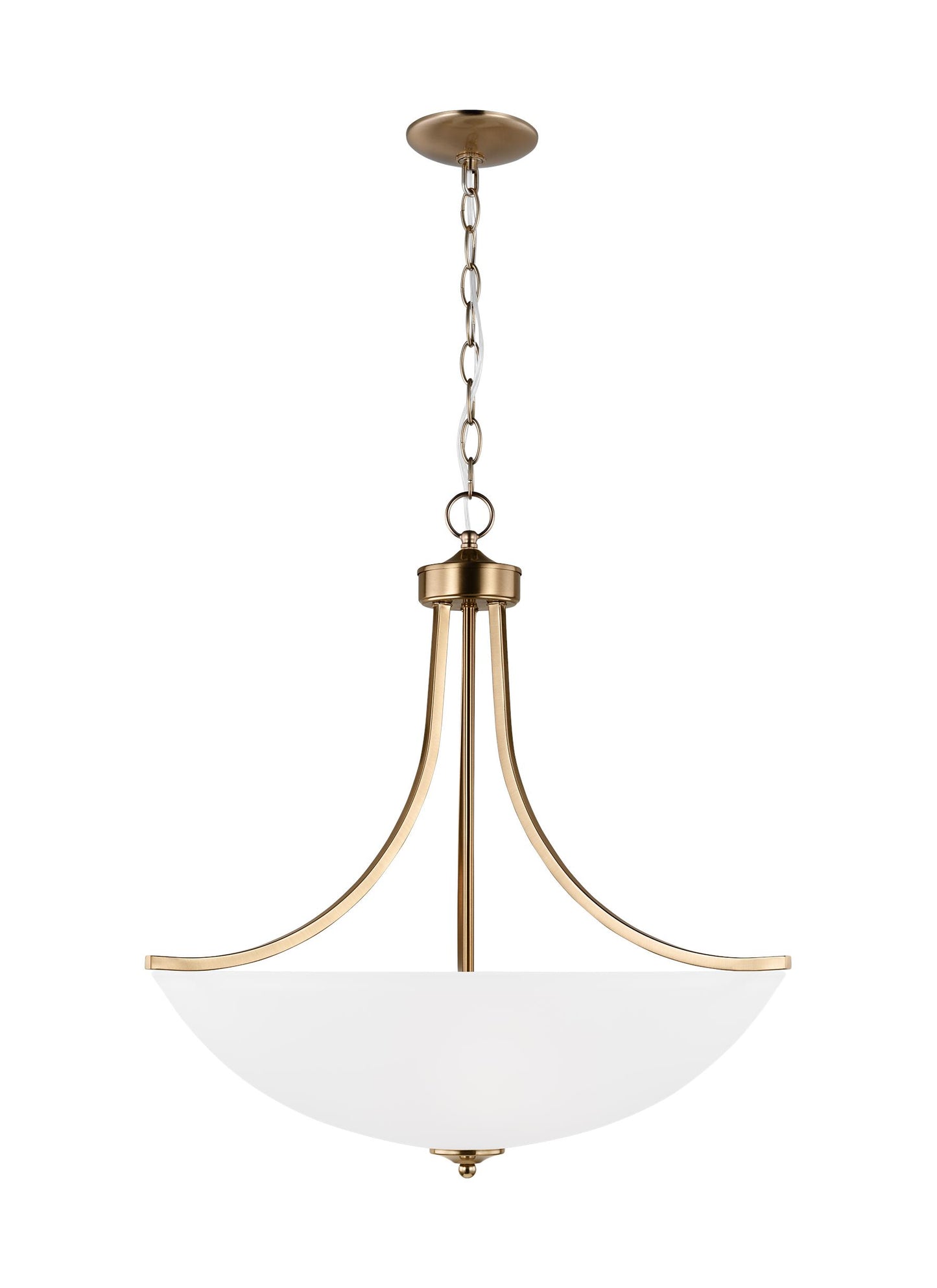 Geary traditional indoor dimmable large 4-light pendant in satin brass with a satin etched glass shade