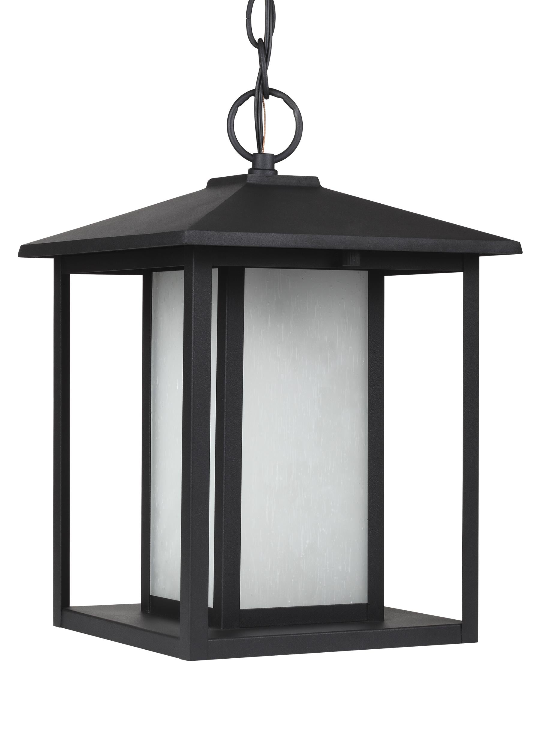 Hunnington contemporary 1-light outdoor exterior led outdoor pendant in black finish with etched seeded glass panels