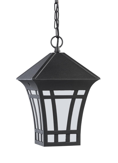 Herrington transitional 1-light outdoor exterior hanging ceiling pendant in black finish with etched white glass panels