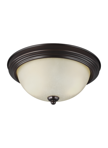 Geary transitional 2-light indoor dimmable ceiling flush mount fixture in bronze finish with amber scavo glass diffuser