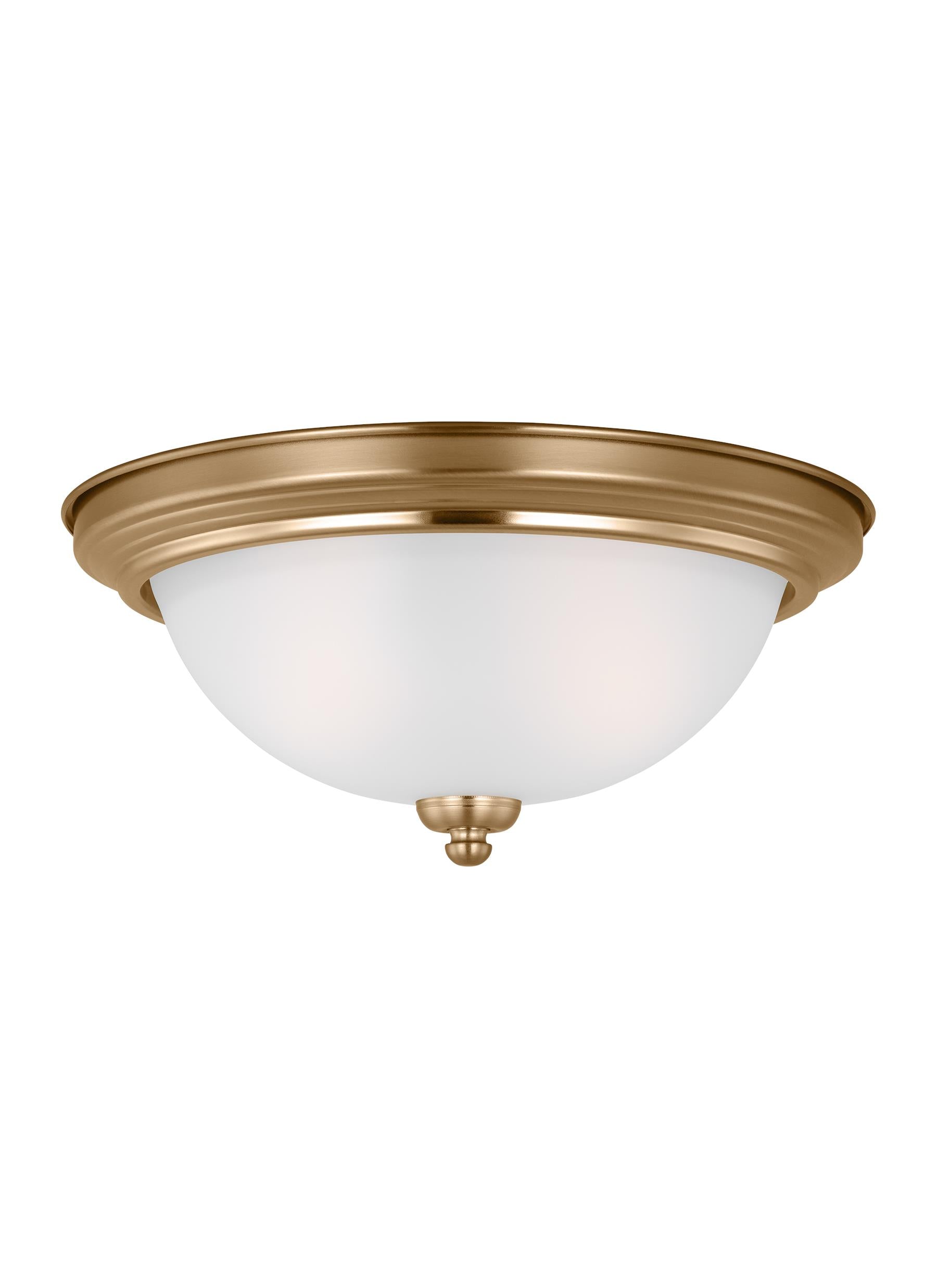 Geary traditional  indoor dimmable 2-light ceiling flush mount in satin brass with a satin etched glass shade