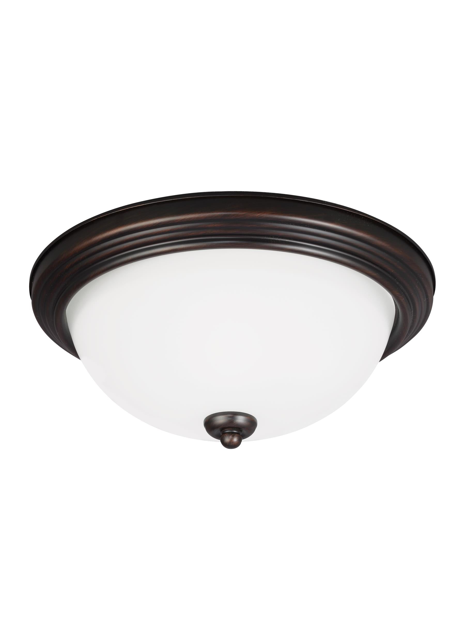 Geary transitional 1-light indoor dimmable ceiling flush mount fixture in bronze finish with satin etched glass diffuser