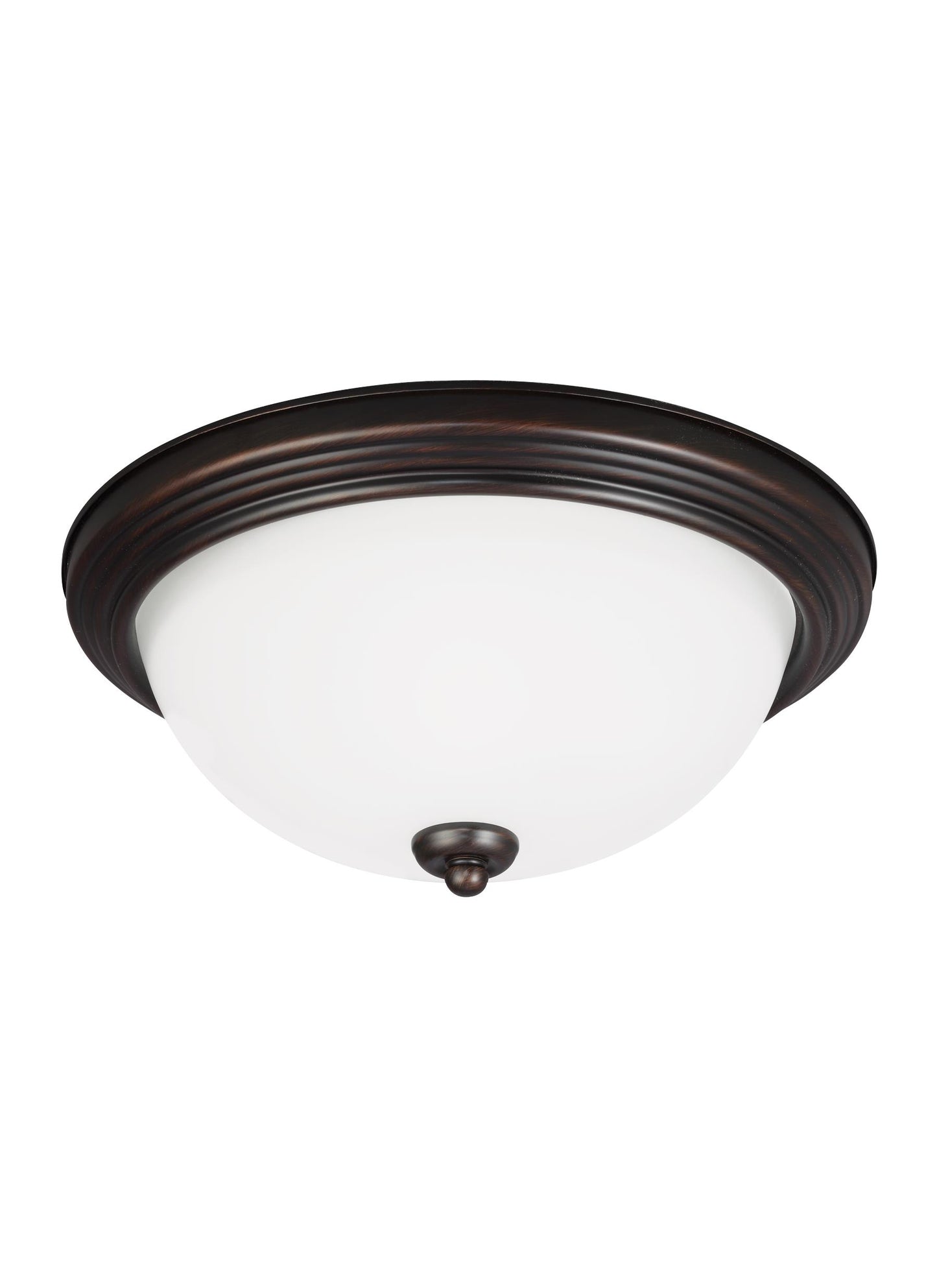 Geary transitional 1-light indoor dimmable ceiling flush mount fixture in bronze finish with satin etched glass diffuser