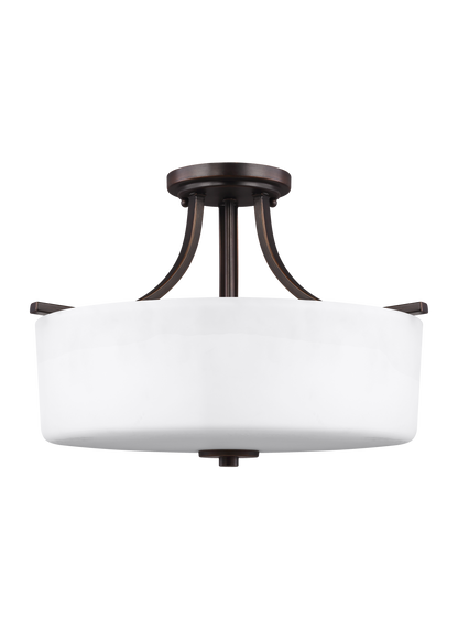 Canfield modern 3-light indoor dimmable ceiling semi-flush mount in bronze finish with etched white inside glass shade