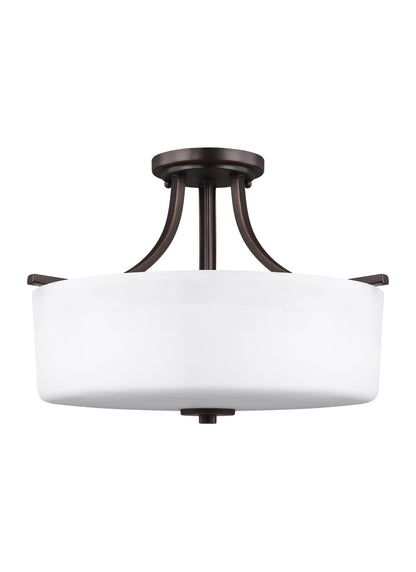 Canfield modern 3-light indoor dimmable ceiling semi-flush mount in bronze finish with etched white inside glass shade