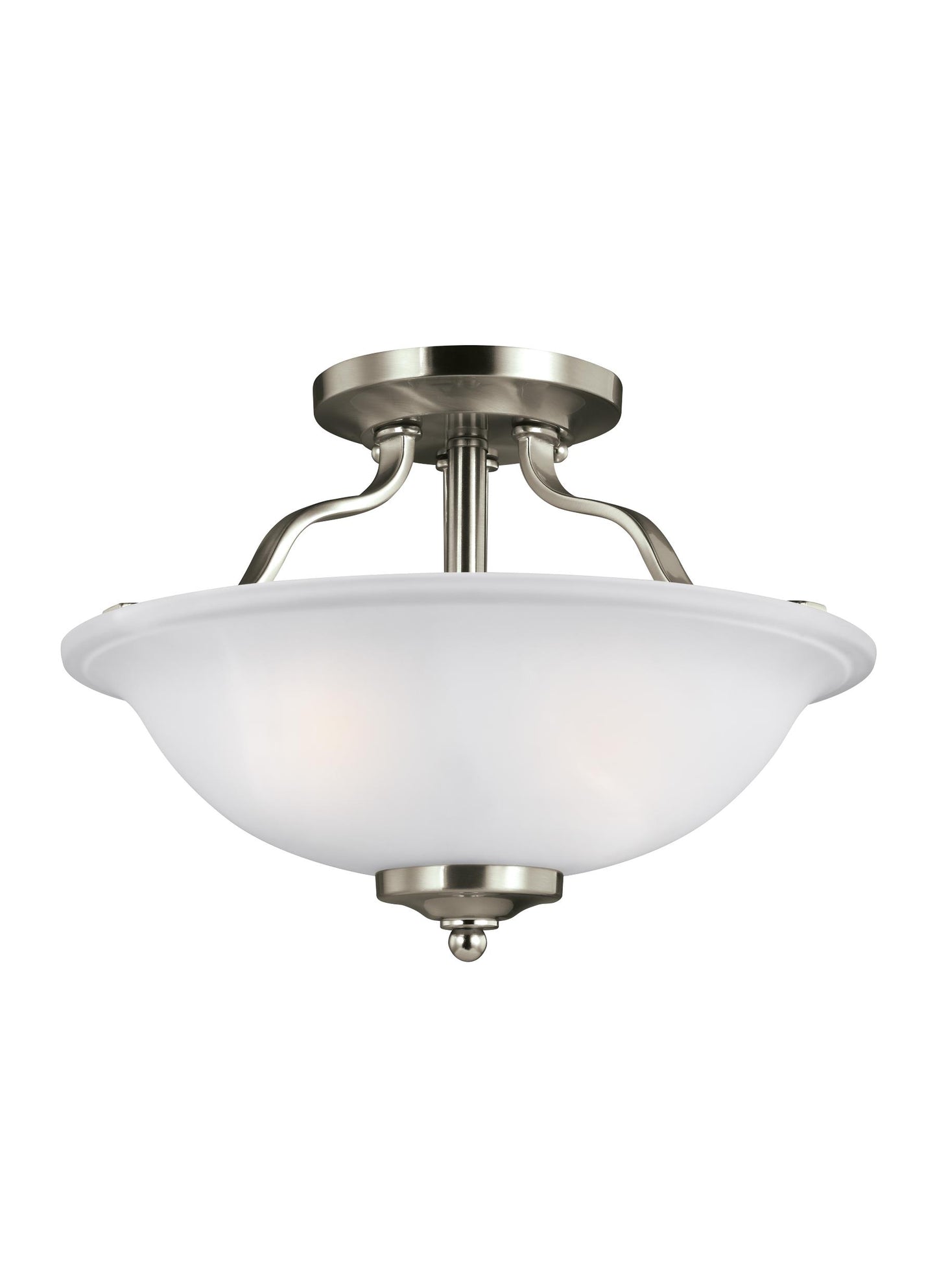 Emmons traditional 2-light indoor dimmable ceiling semi-flush mount in brushed nickel silver finish with satin etched glas...