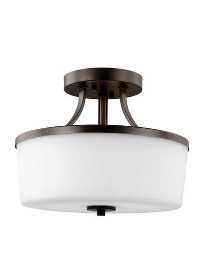 Hettinger transitional 2-light indoor dimmable ceiling flush mount in bronze finish with etched white inside glass shade