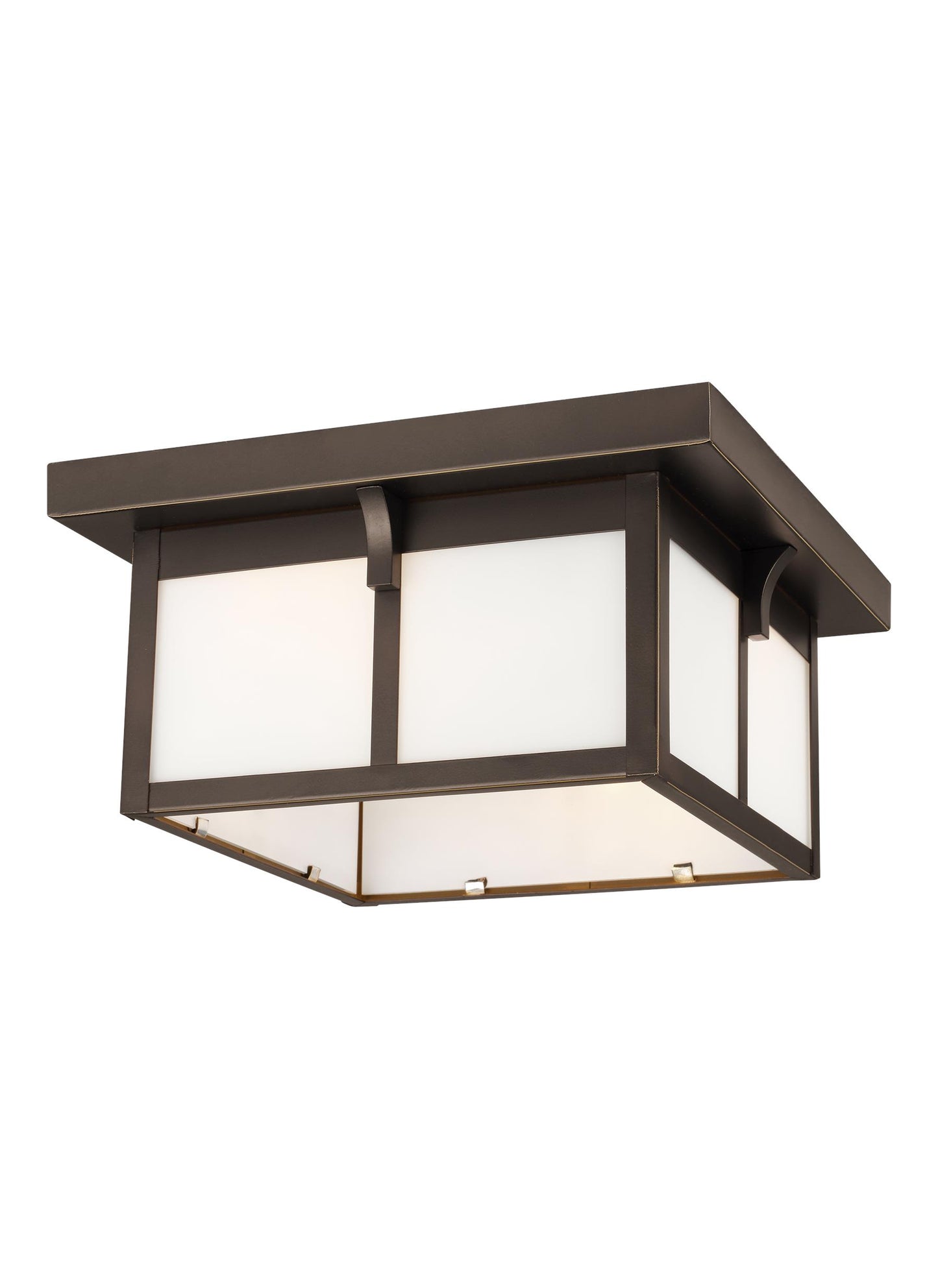 Tomek modern 2-light outdoor exterior ceiling flush mount in antique bronze finish with etched white glass panels