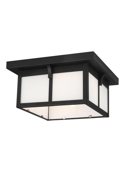 Tomek modern 2-light outdoor exterior ceiling flush mount in black finish with etched white glass panels