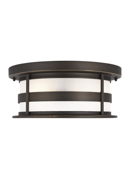 Wilburn modern 2-light outdoor exterior ceiling flush mount in antique bronze finish with satin etched glass shade