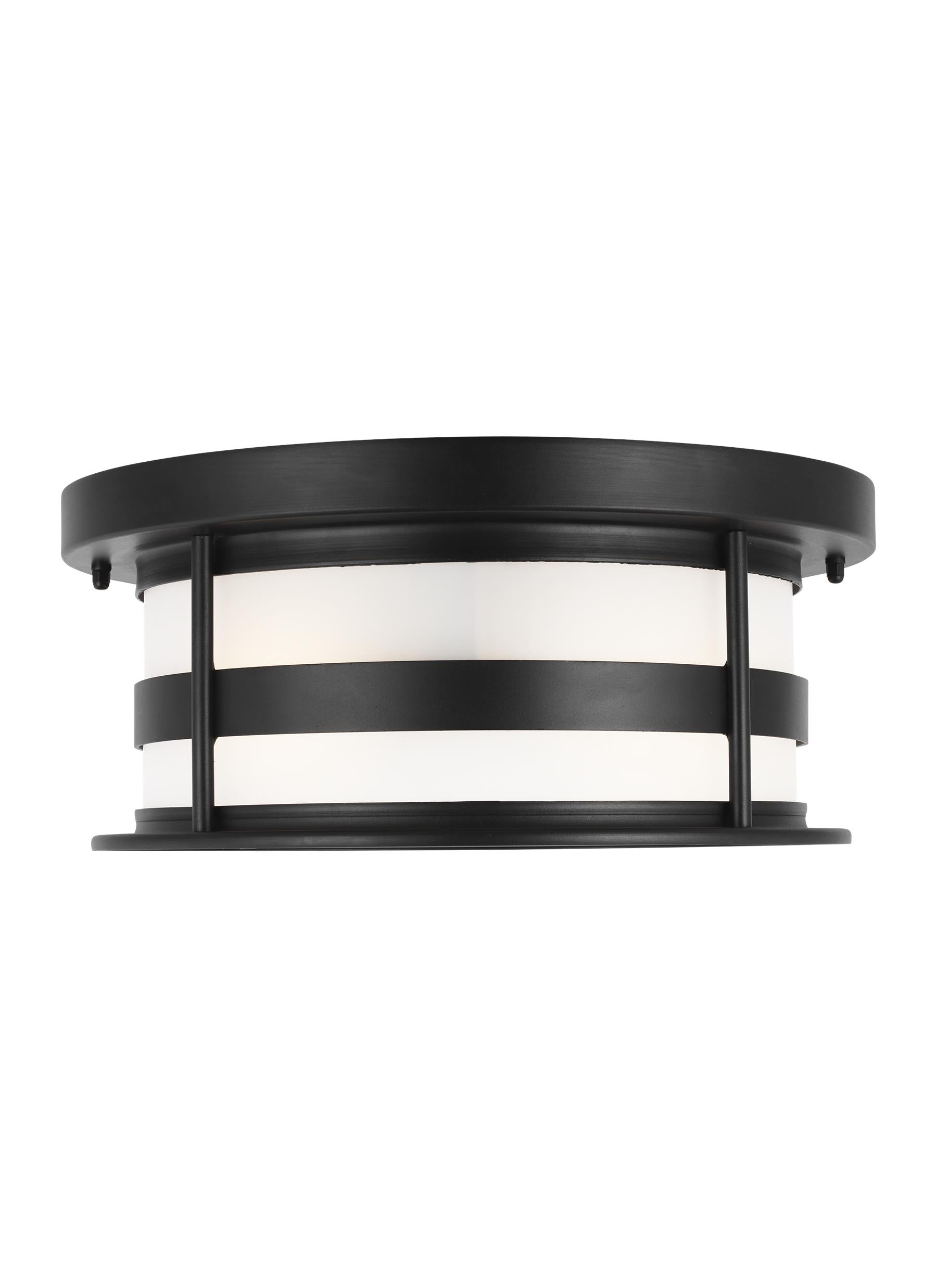 Wilburn modern 2-light outdoor exterior ceiling flush mount in black finish with satin etched glass shade