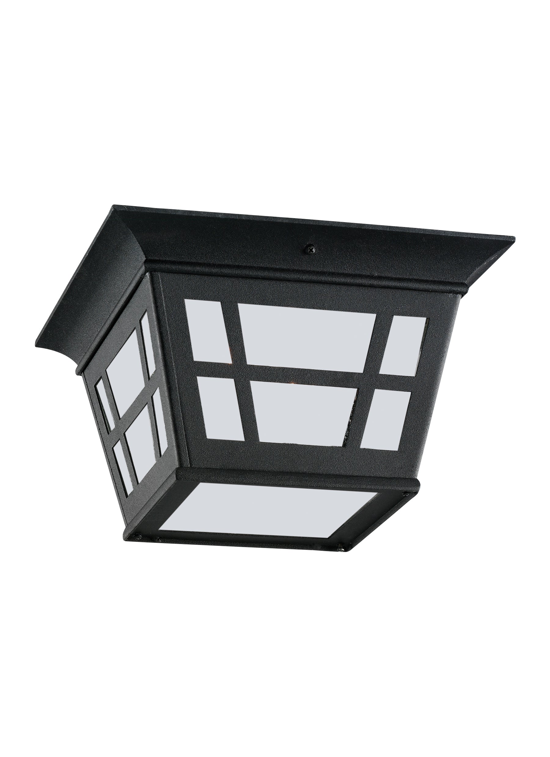 Herrington transitional 2-light outdoor exterior ceiling flush mount in black finish with etched white glass panels