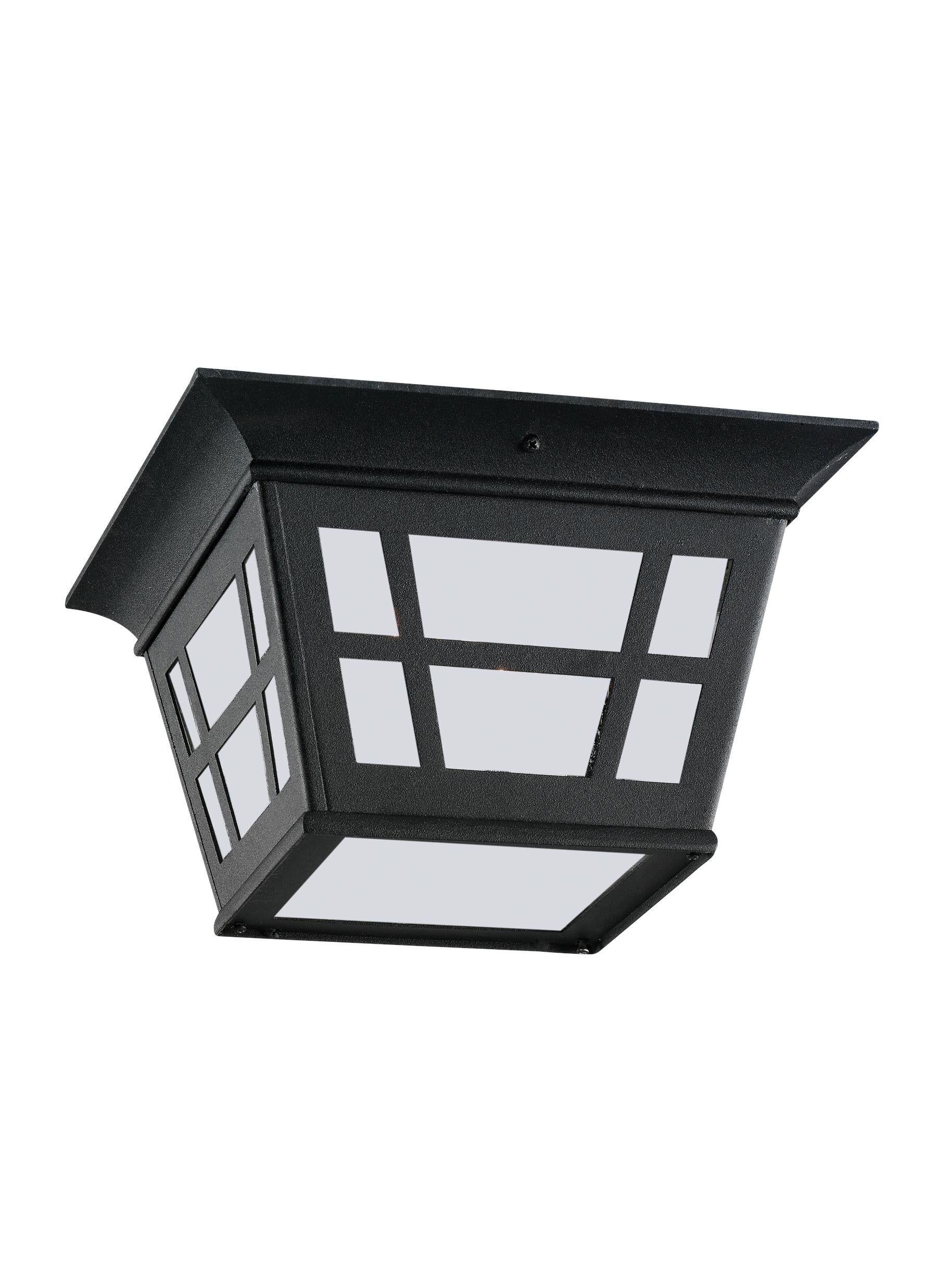 Herrington transitional 2-light outdoor exterior ceiling flush mount in black finish with etched white glass panels