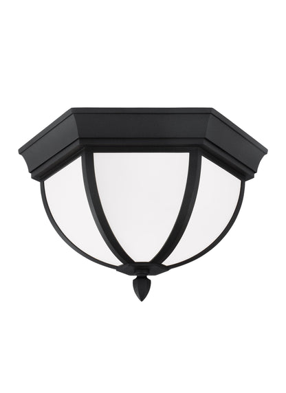 Wynfield traditional 2-light outdoor exterior ceiling ceiling flush mount in black finish with etched white inside glass p...