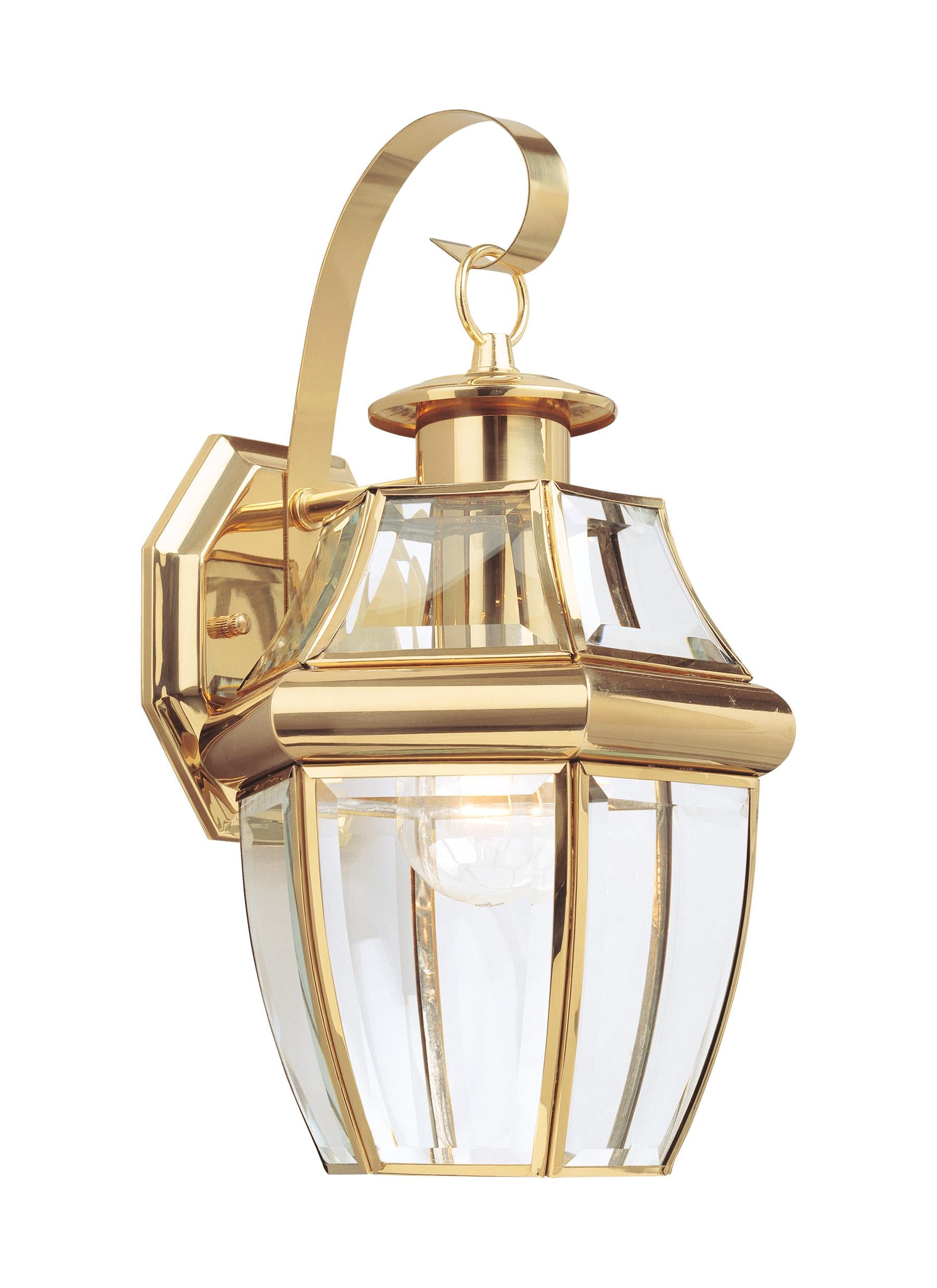 Lancaster traditional 1-light outdoor exterior large wall lantern sconce in polished brass gold finish with clear curved b...