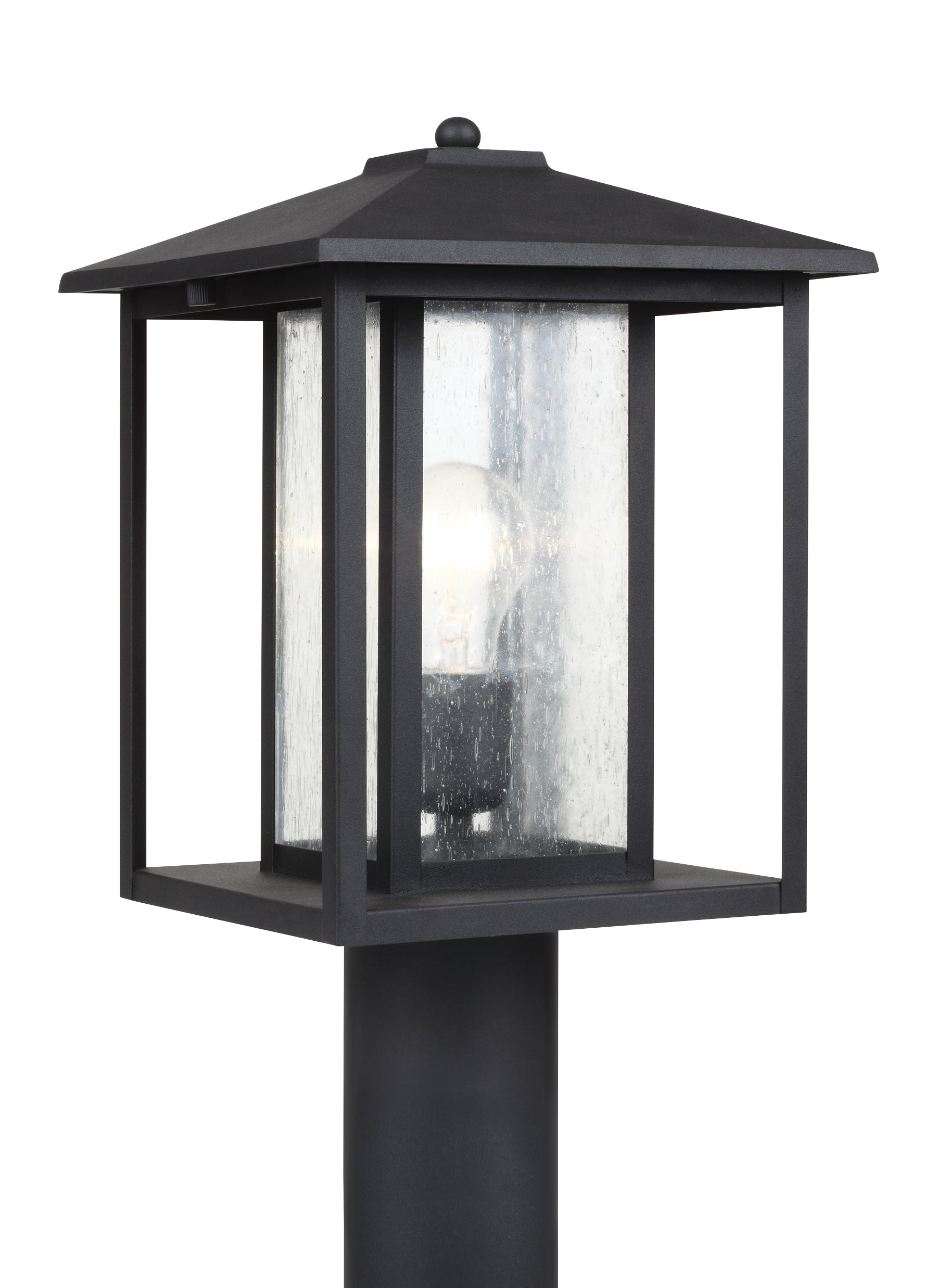 Hunnington contemporary 1-light outdoor exterior post lantern in black finish with clear seeded glass panels