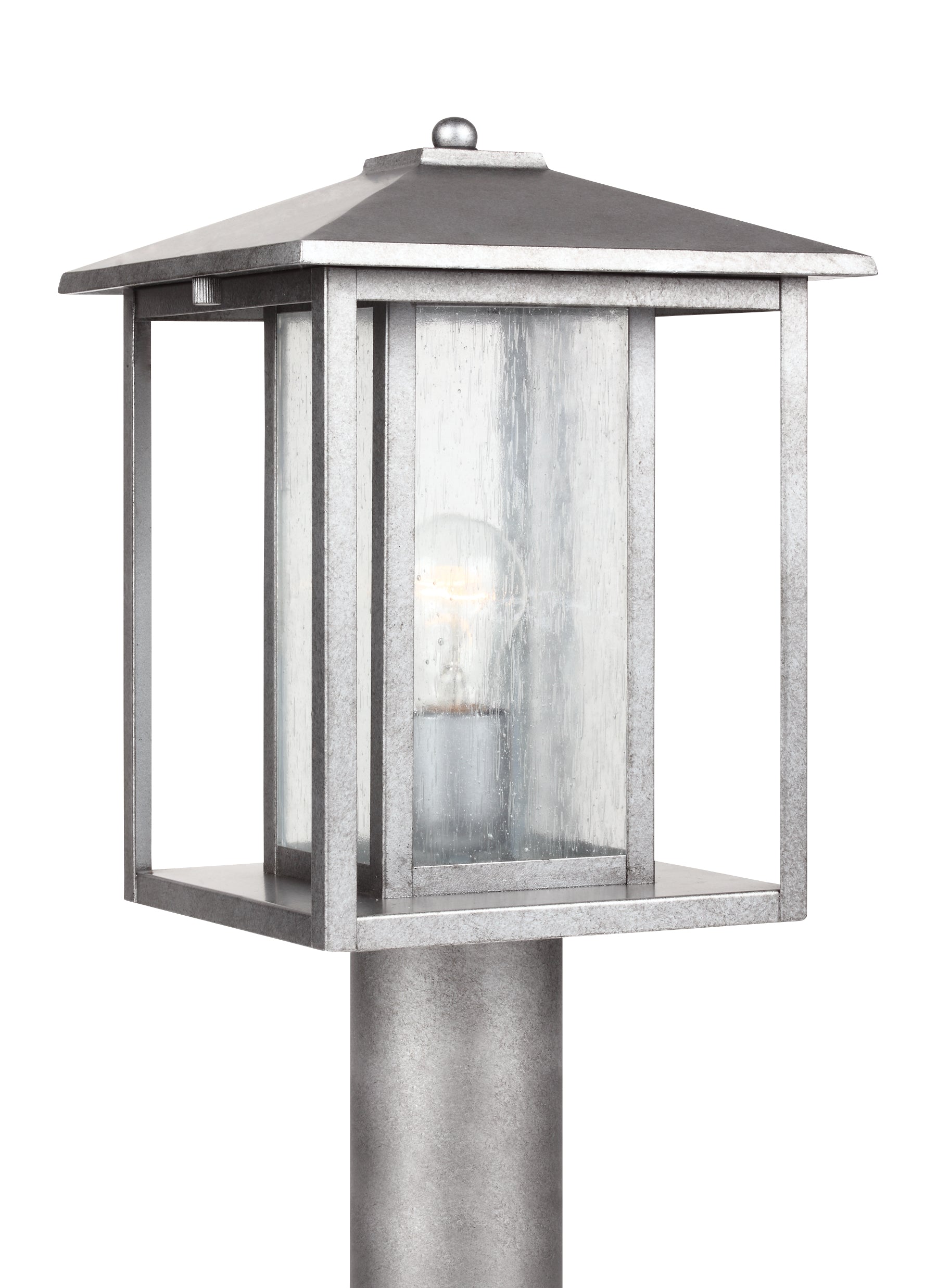 Hunnington contemporary 1-light outdoor exterior post lantern in weathered pewter grey finish with clear seeded glass panels