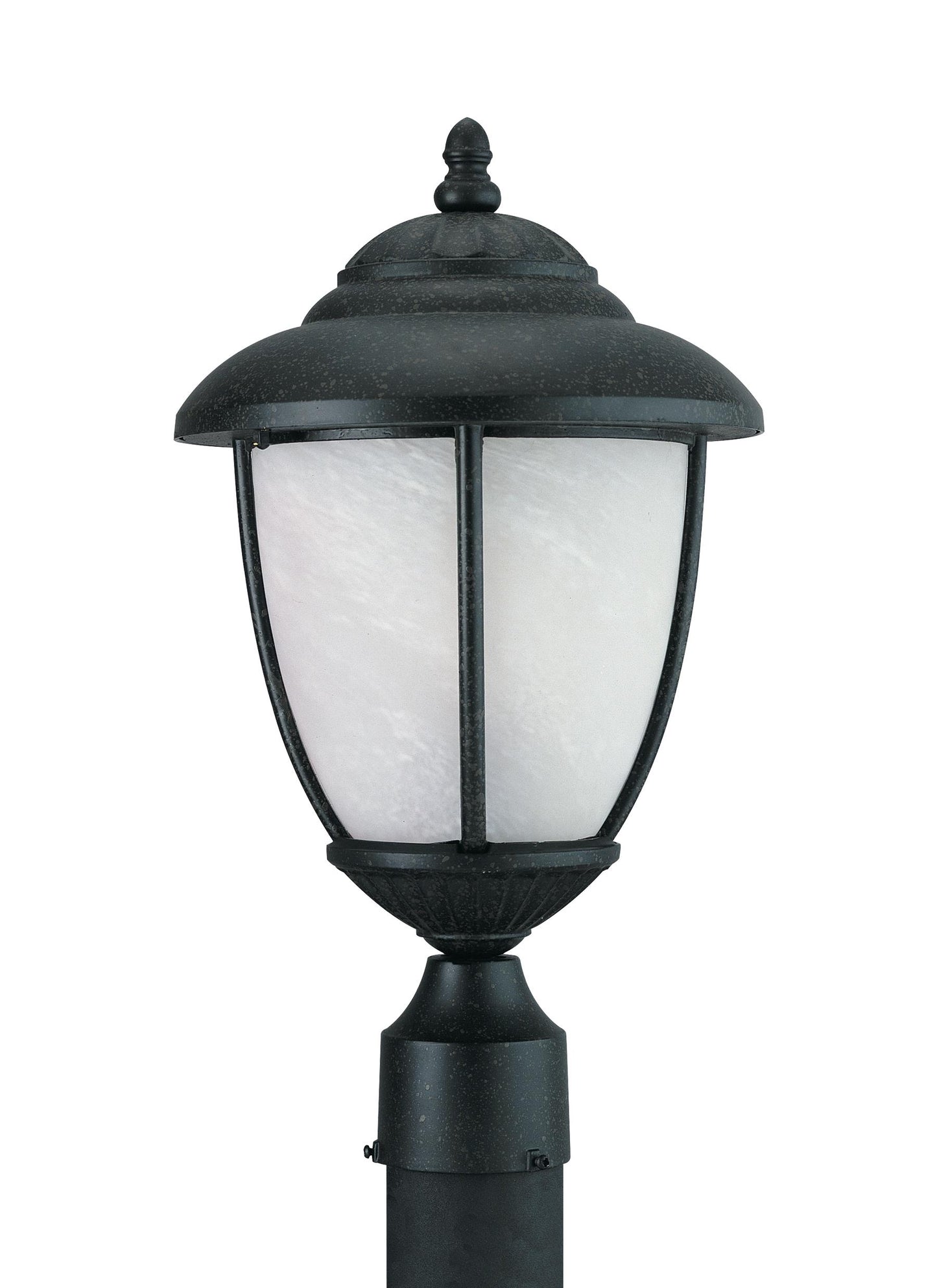 Yorktown transitional 1-light outdoor exterior post lantern in forged iron finish with swirled marbleize glass shade