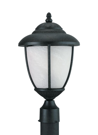 Yorktown transitional 1-light outdoor exterior post lantern in forged iron finish with swirled marbleize glass shade