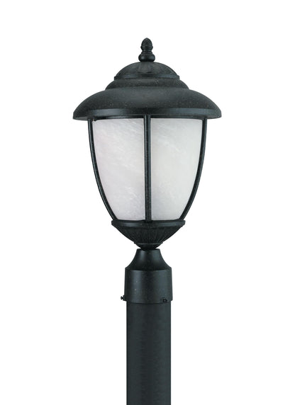 Yorktown transitional 1-light outdoor exterior post lantern in forged iron finish with swirled marbleize glass shade