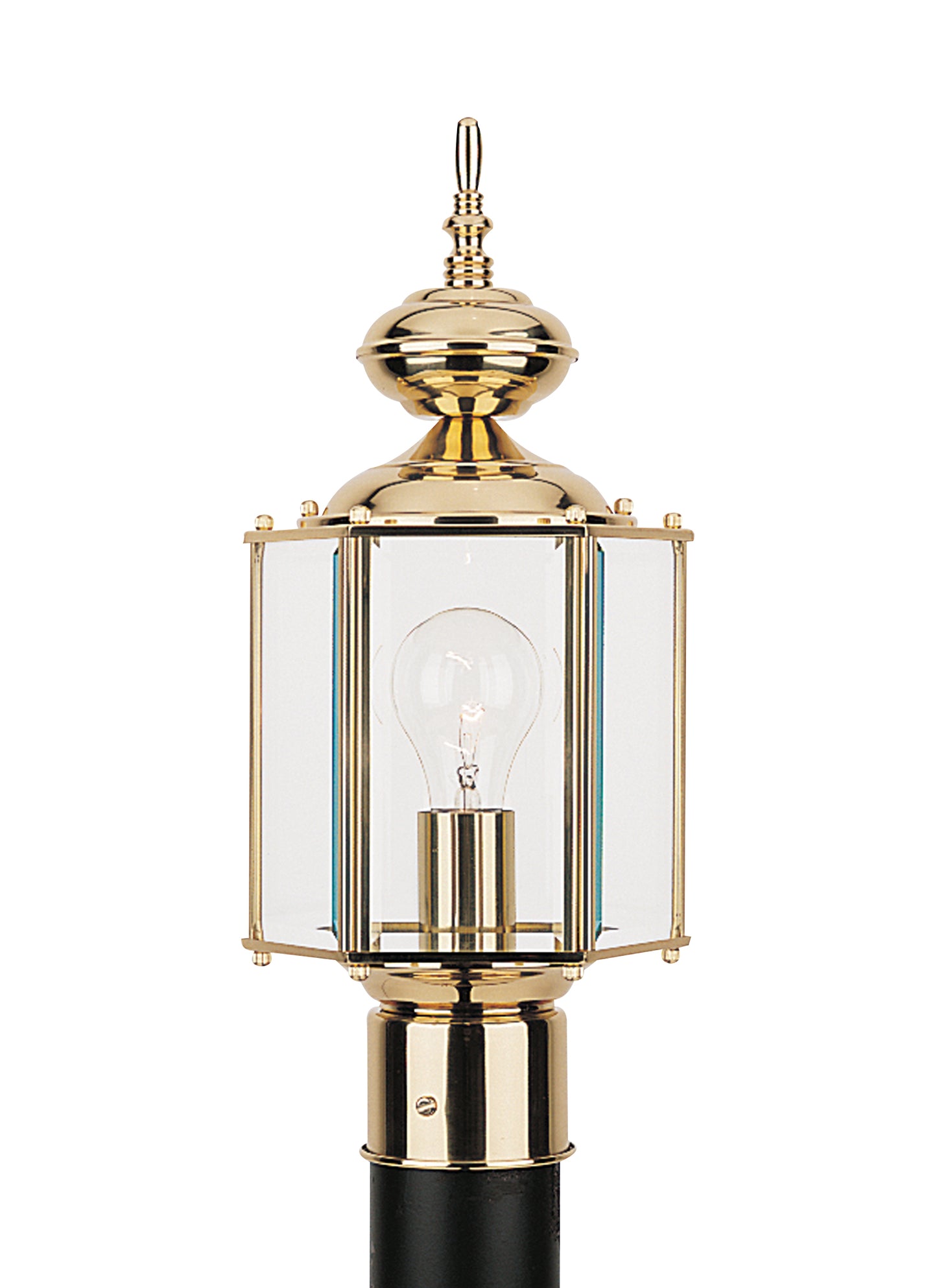 Classico traditional 1-light outdoor exterior post lantern in polished brass gold finish with clear beveled glass panels