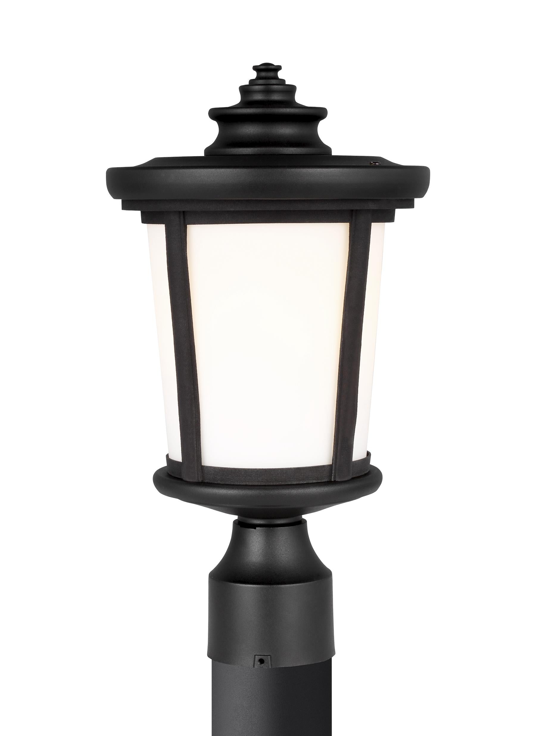 Eddington modern 1-light outdoor exterior post lantern in black finish with cased opal etched glass panel