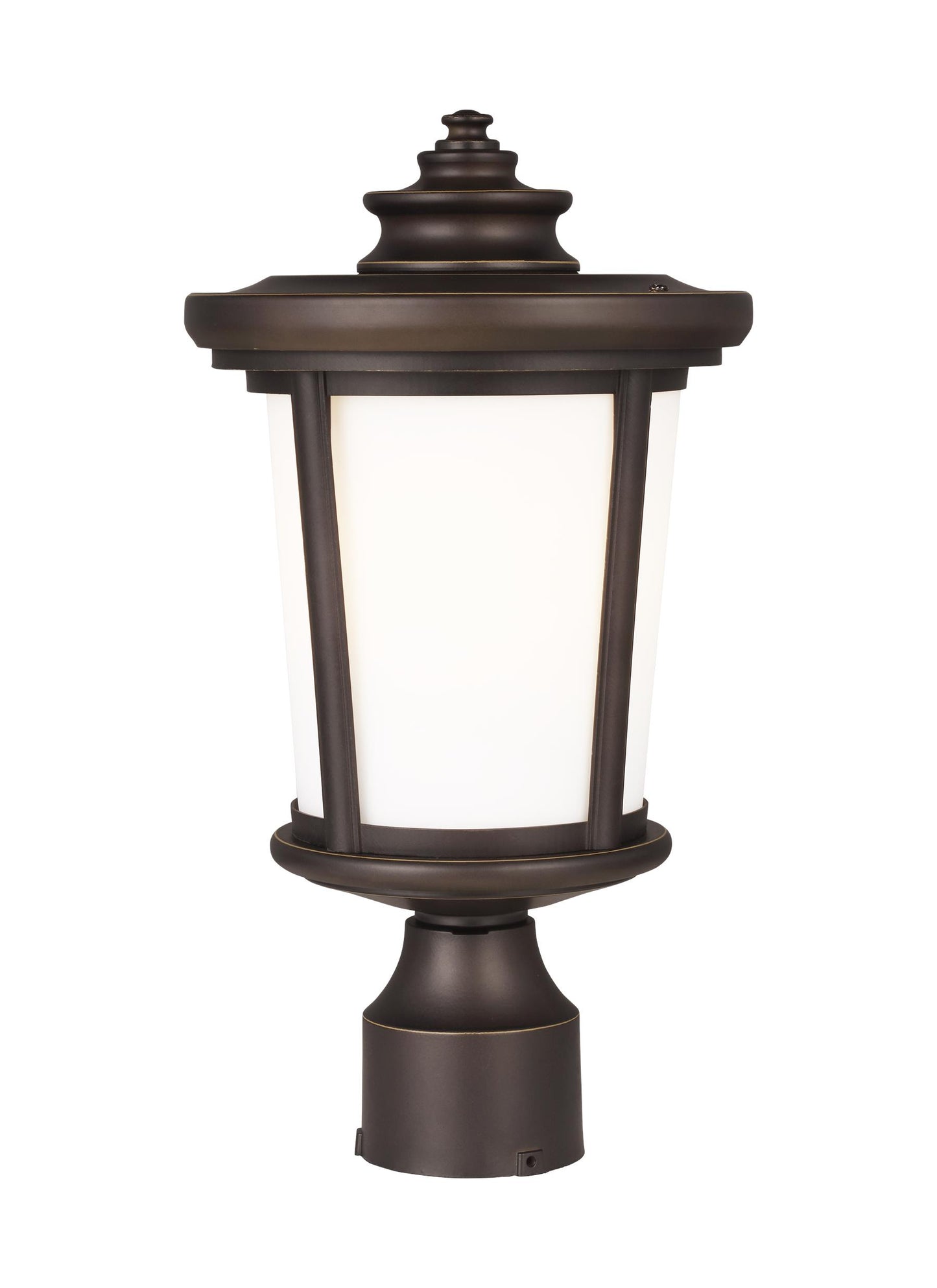 Eddington modern 1-light outdoor exterior post lantern in antique bronze finish with cased opal etched glass panel