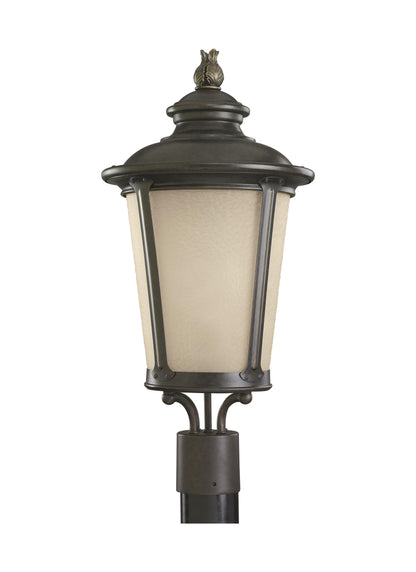 Cape May traditional 1-light outdoor exterior post lantern in burled iron grey finish with etched light amber glass diffuser