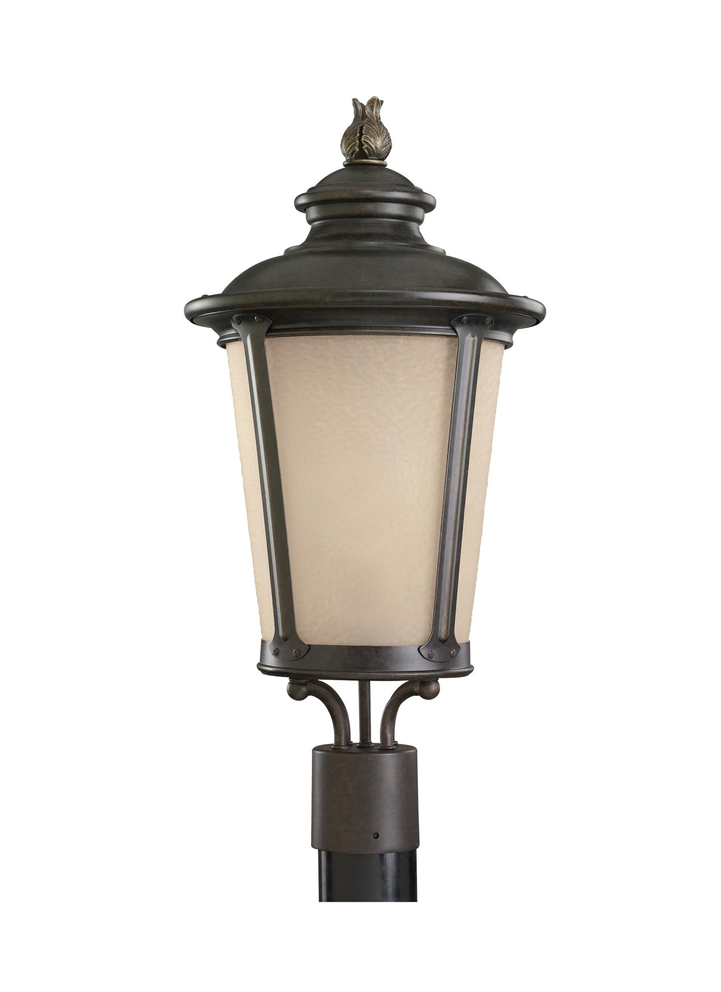 Cape May traditional 1-light outdoor exterior post lantern in burled iron grey finish with etched light amber glass diffuser