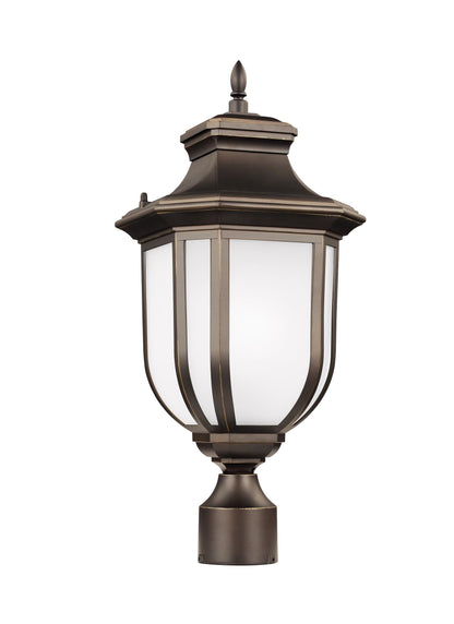 Childress traditional 1-light outdoor exterior post lantern in antique bronze finish with satin etched glass panels