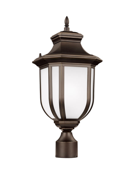 Childress traditional 1-light outdoor exterior post lantern in antique bronze finish with satin etched glass panels