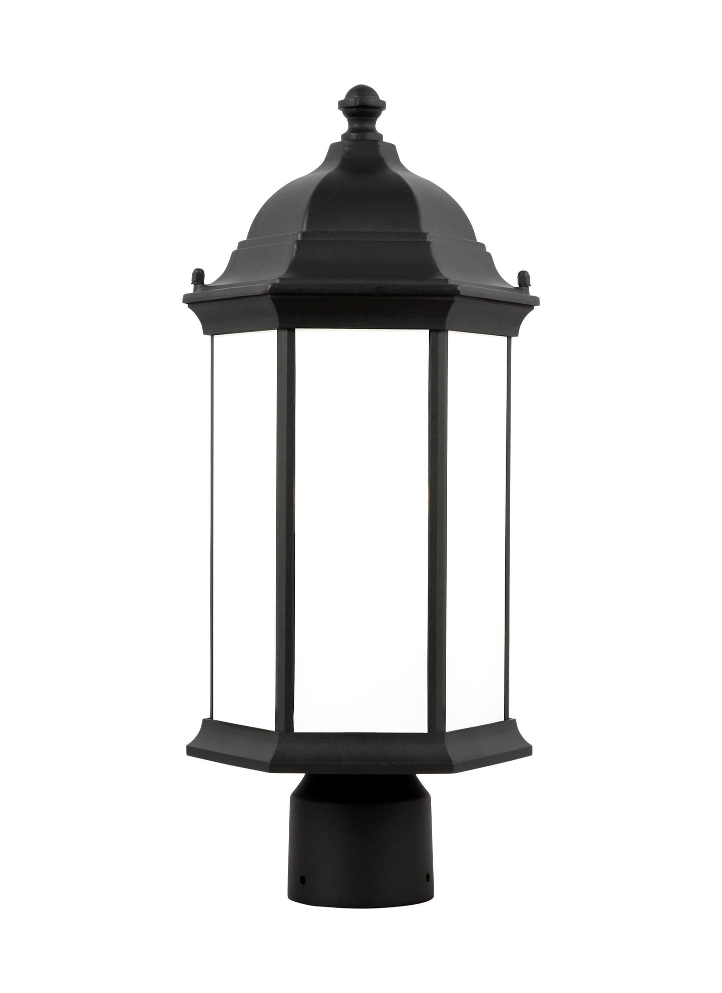 Sevier traditional 1-light outdoor exterior medium post lantern in black finish with satin etched glass panels