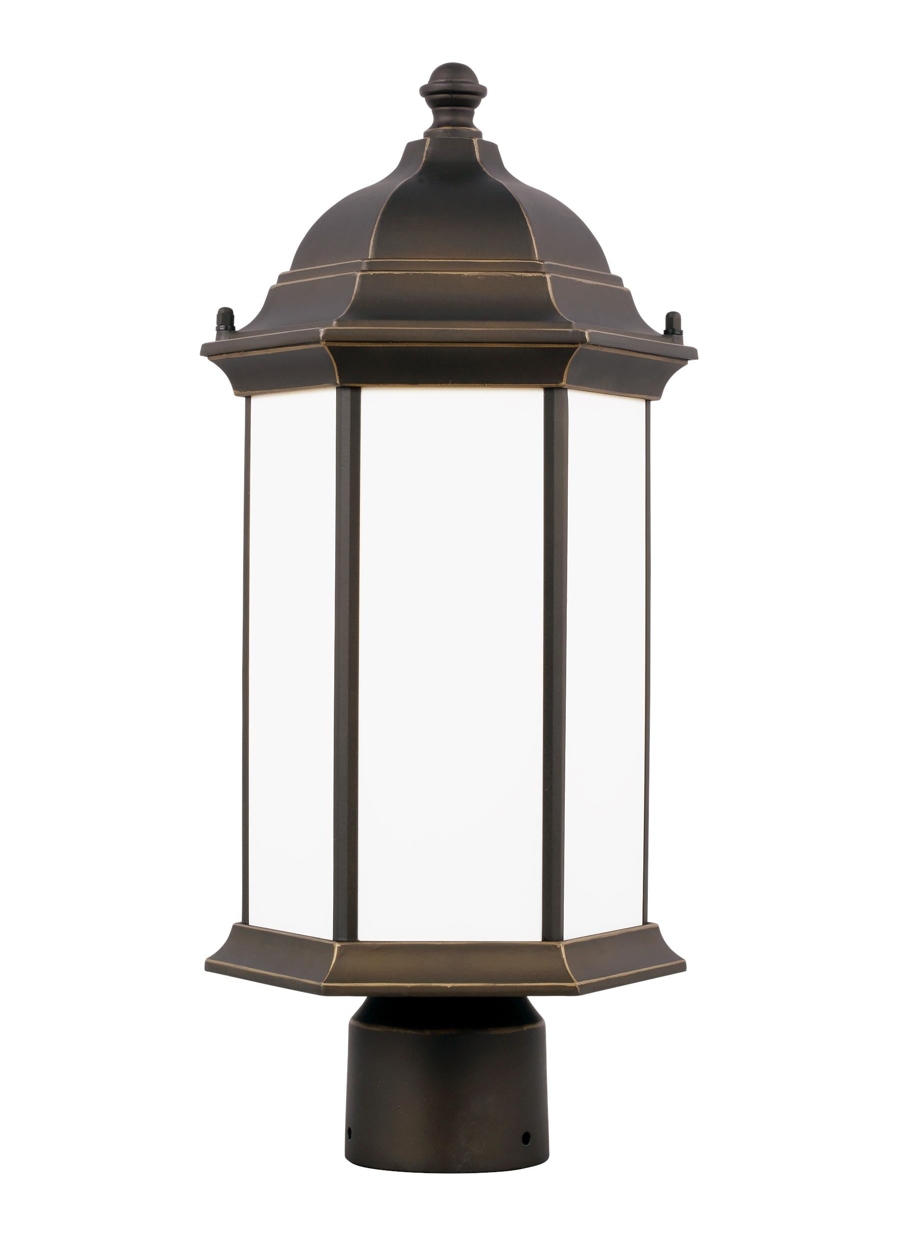 Sevier traditional 1-light outdoor exterior medium post lantern in antique bronze finish with satin etched glass panels