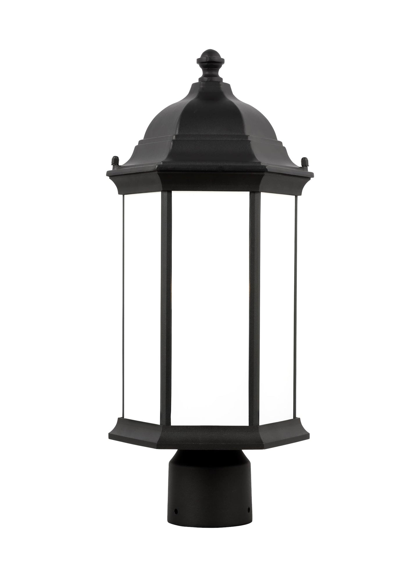 Sevier traditional 1-light outdoor exterior medium post lantern in black finish with satin etched glass panels