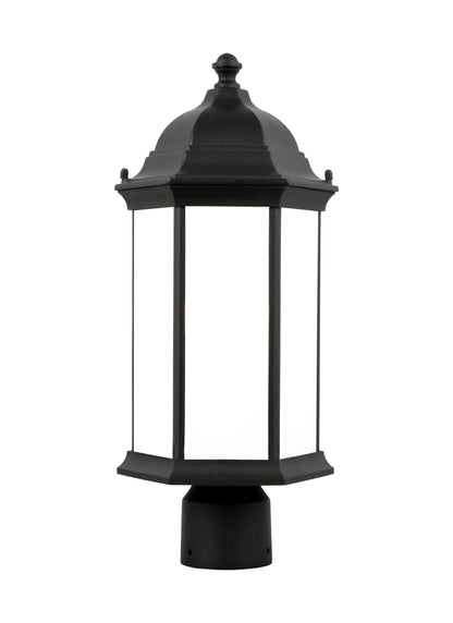 Sevier traditional 1-light outdoor exterior medium post lantern in black finish with satin etched glass panels