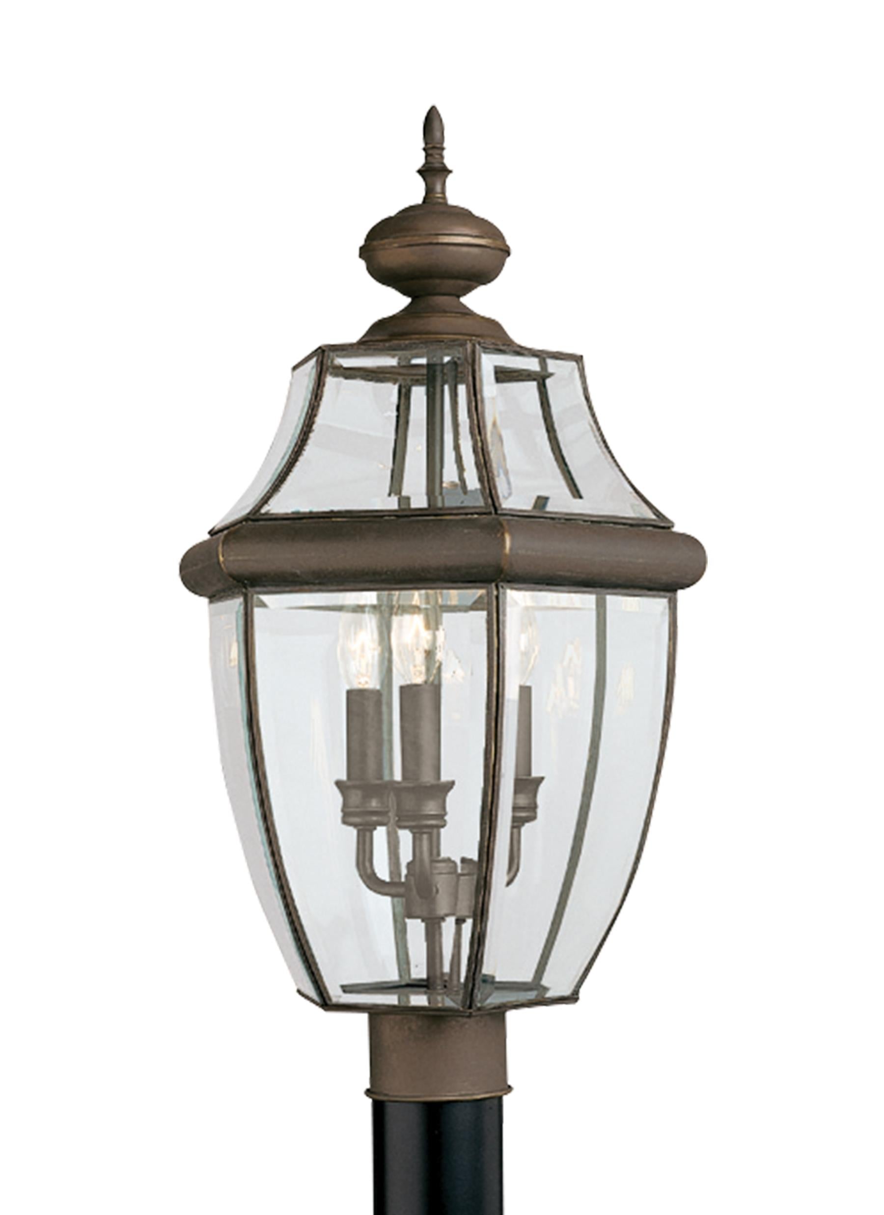 Lancaster traditional 3-light outdoor exterior post lantern in antique bronze finish with clear curved beveled glass shade