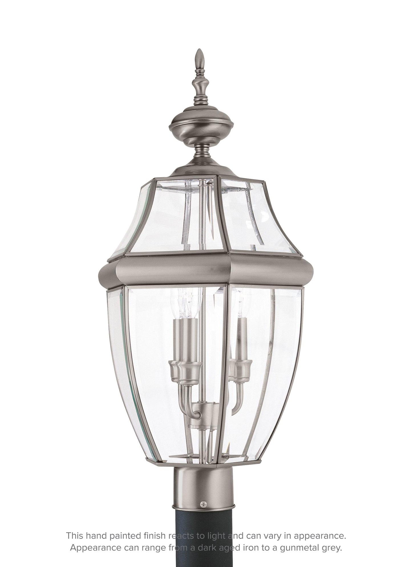 Lancaster traditional 3-light outdoor exterior post lantern in antique brushed nickel silver finish with clear curved beve...