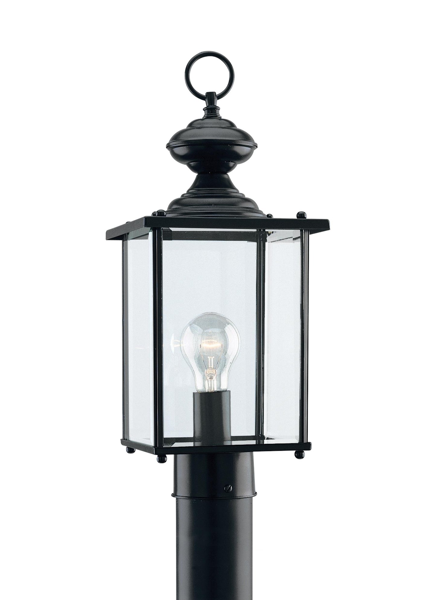 Jamestowne transitional 1-light outdoor exterior post lantern in black finish with clear beveled glass panels