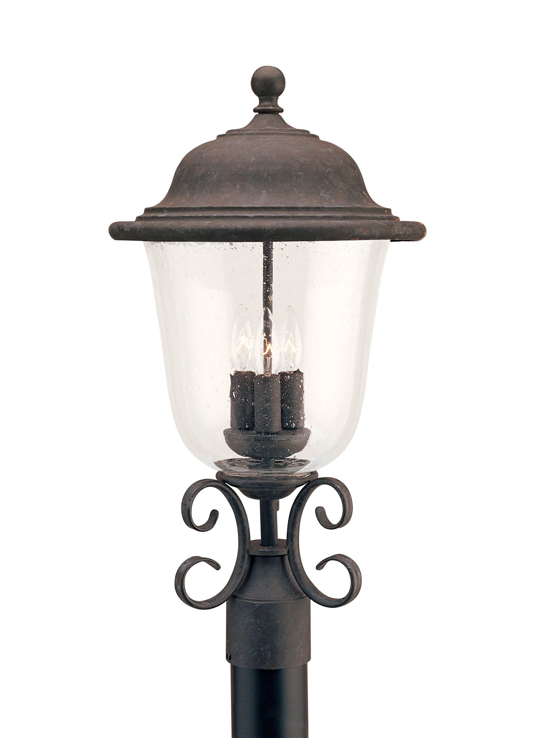 Trafalgar traditional 3-light outdoor exterior post lantern in oxidized bronze finish with clear seeded glass shade