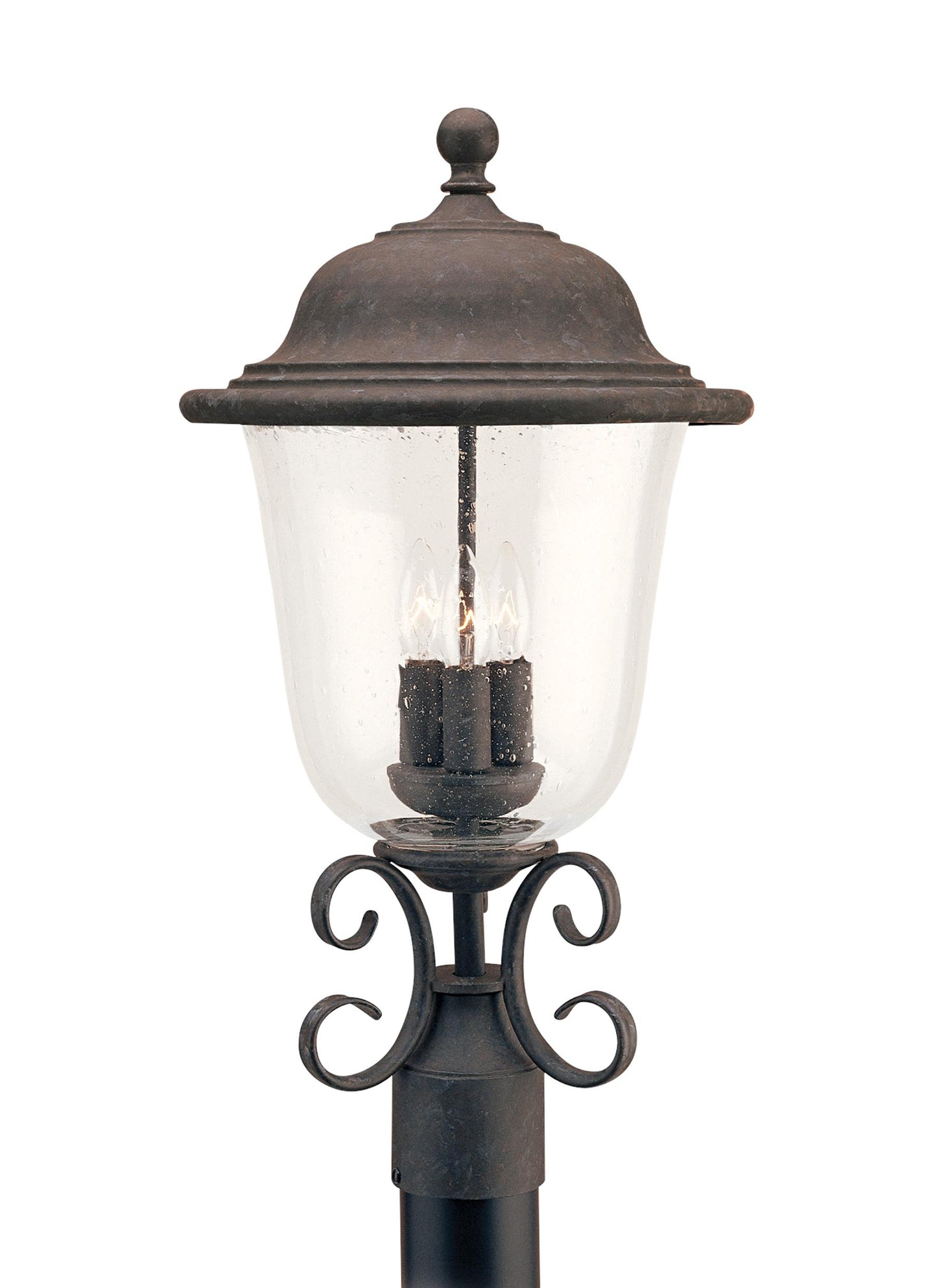 Trafalgar traditional 3-light outdoor exterior post lantern in oxidized bronze finish with clear seeded glass shade