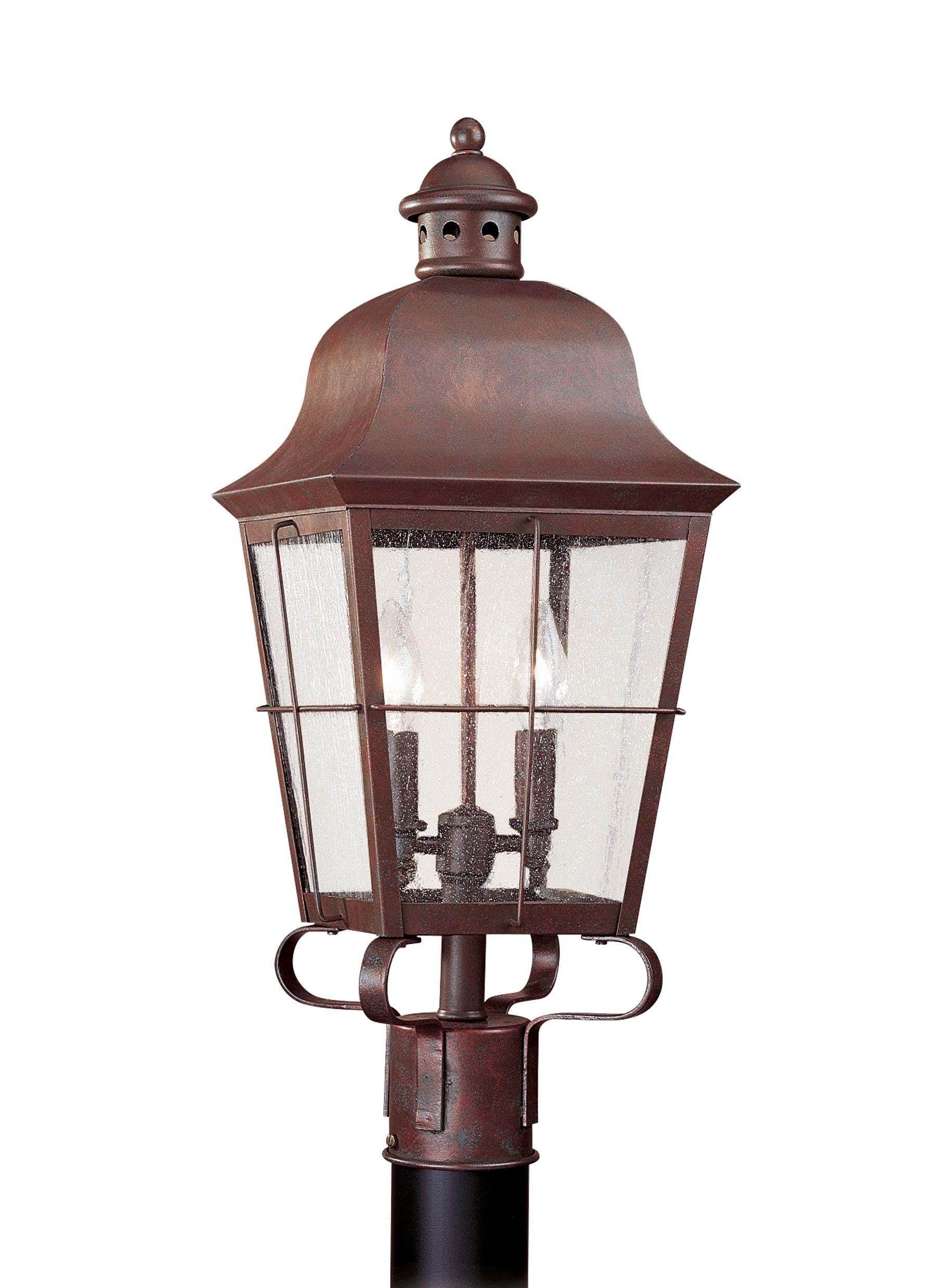 Chatham traditional 2-light outdoor exterior post lantern in weathered copper finish with clear seeded glass panels