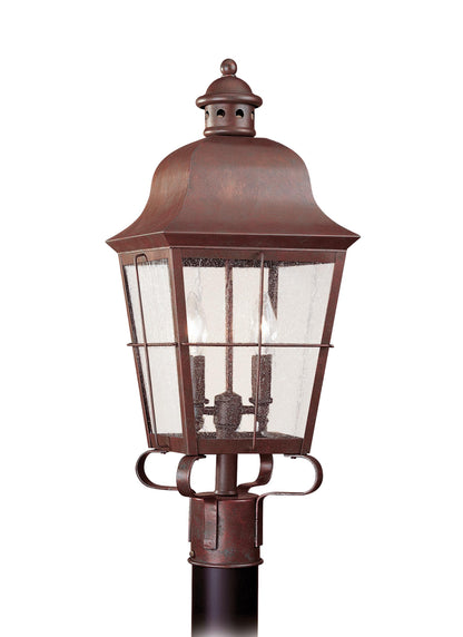 Chatham traditional 2-light outdoor exterior post lantern in weathered copper finish with clear seeded glass panels