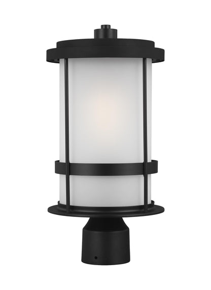 Wilburn modern 1-light outdoor exterior post lantern in black finish with satin etched glass shade