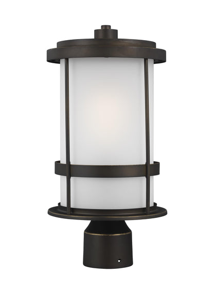 Wilburn modern 1-light outdoor exterior post lantern in antique bronze finish with satin etched glass shade